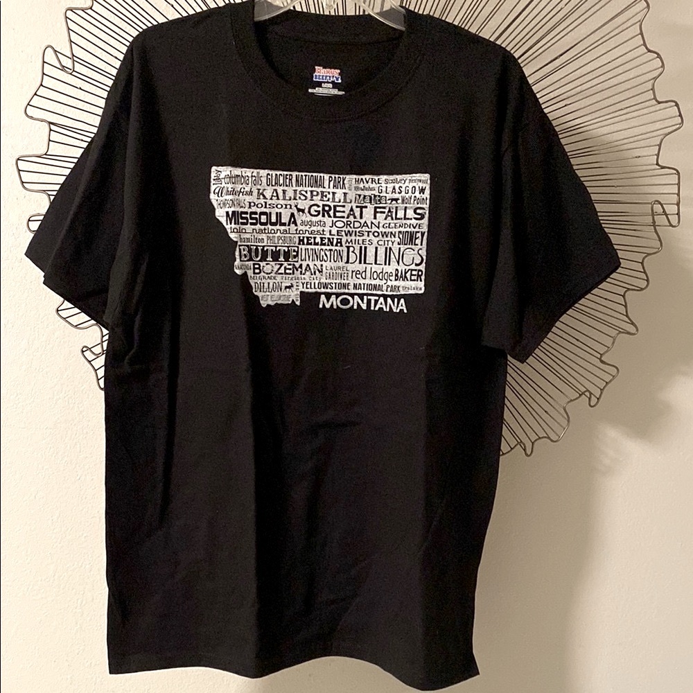 Graphic Montana Map and Cities Black Short Sleeve NWOT Tee Size L